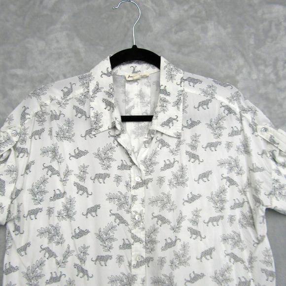 Jane And Delancey Top Large Cheetah Black White Button Shirt Soft Short Sleeve - Picture 3 of 10